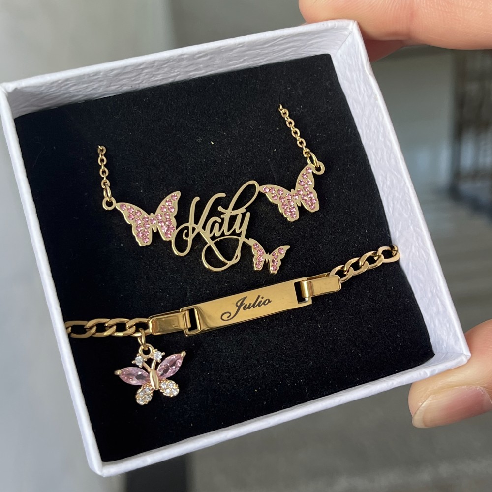 Engraved Name Necklace - Duoying benutzer definierte rosa Schmetterling Set