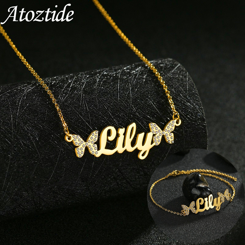 Engraved Name Necklace - Atoztide Maßgeschneidertes Schmuckset Halsketten Zirkon Stein