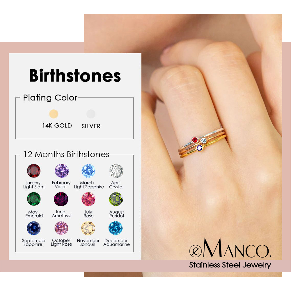Birthstone Ring Set - EMANCO Edelstahl Geburtssteinring in Goldfarbe, schlichter