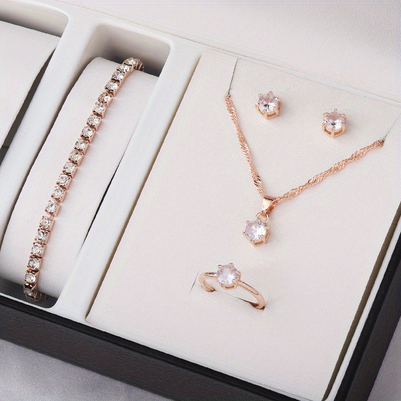 Minimalist Ring Stackable - 4-teiliges Minimalistisches Zirkon-Schmuckset - Halskette, Ohrringe,