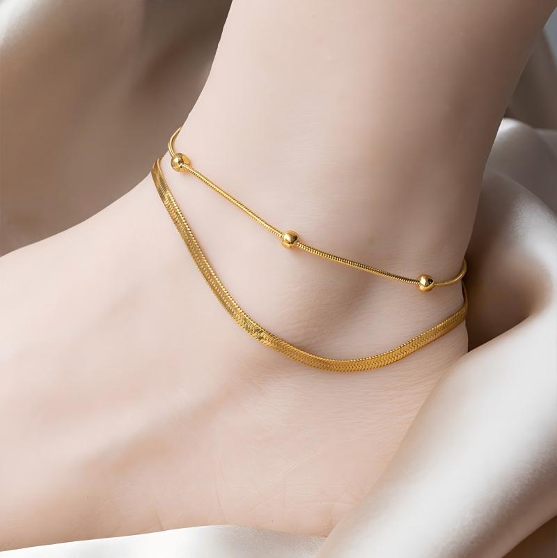 Jc Jewelry & Watches - Doppellagiges Goldfarben-Fußkettchen für Damen, Verstellbares Edelstahl-Sommer-Sandstrand-Trendiges