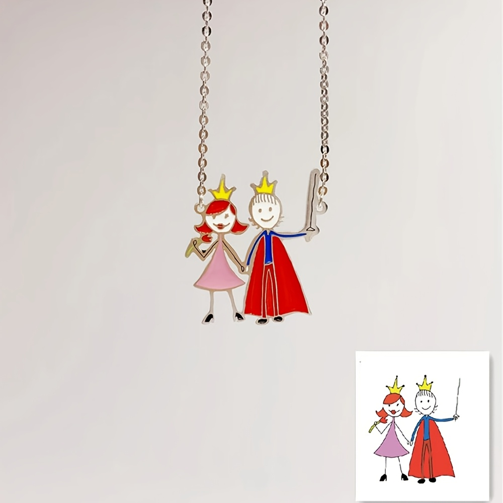 Engraved Name Necklace - Maßgefertigte Emaille-Anhänger-Halskette, Kinderzeichnungen, Charm-Souvenirs, Schmuck aus